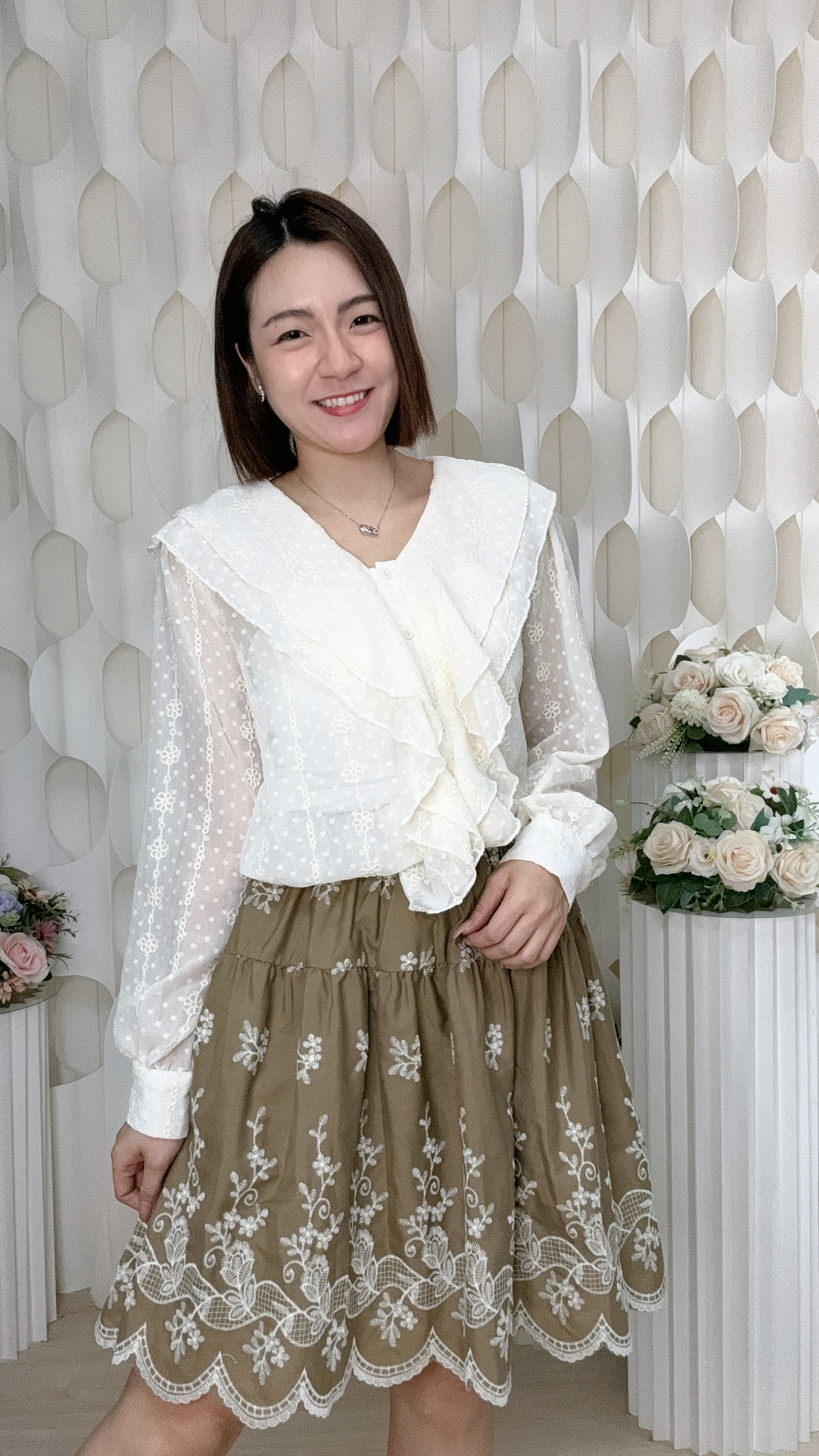 波點刺繡荷葉邊雪紡上衣 (胸40 腰40 長23吋) 55964 #0709clo