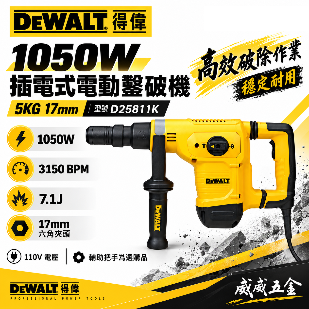 DEWALT 美國 得偉｜1050W 5KG插電式電動鑿破機 插電破壞鎚 破碎機 電鎚｜附箱子｜D25811｜D25811K｜公司貨