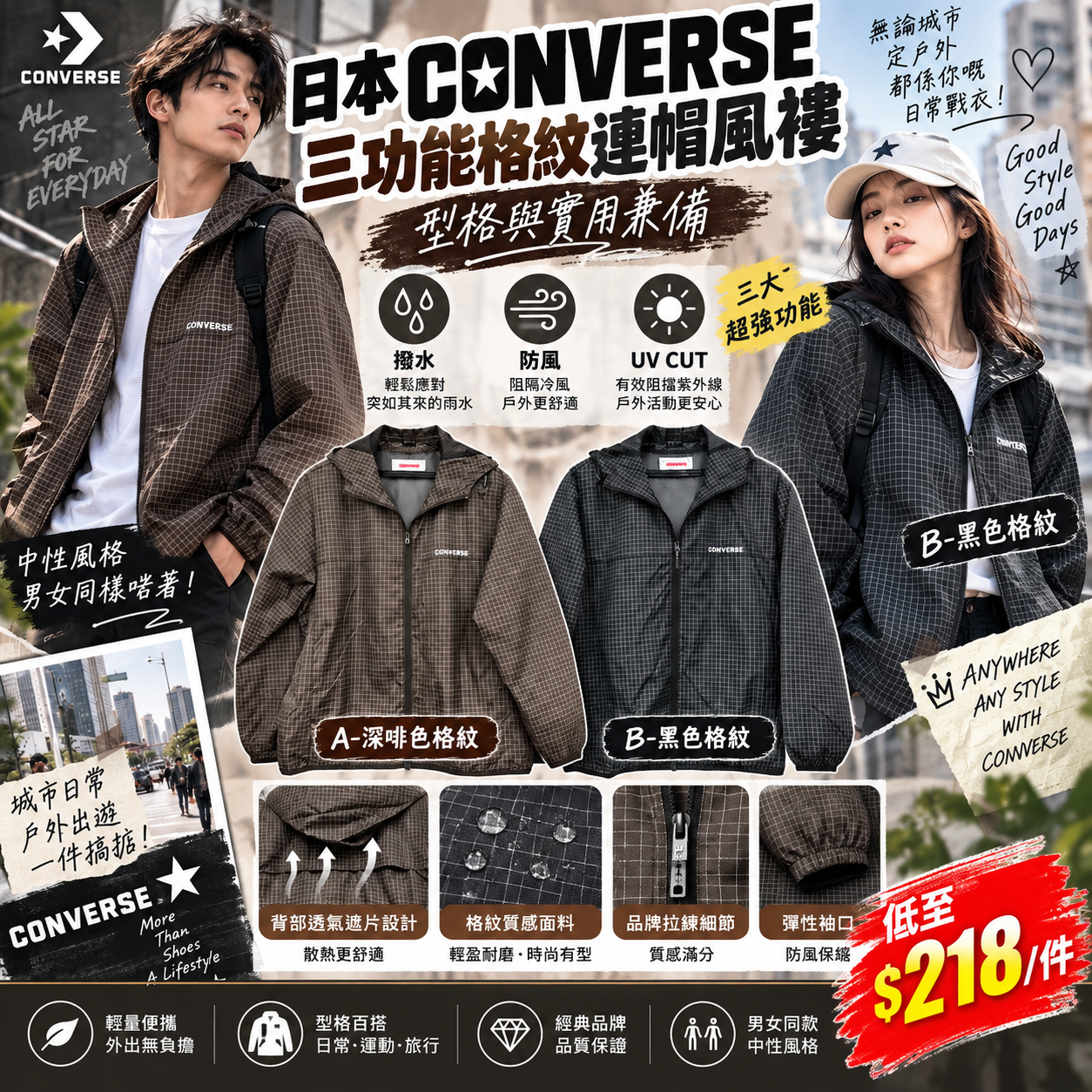 【UB10202】日本CONVERSE 三功能格紋連帽戶外風褸