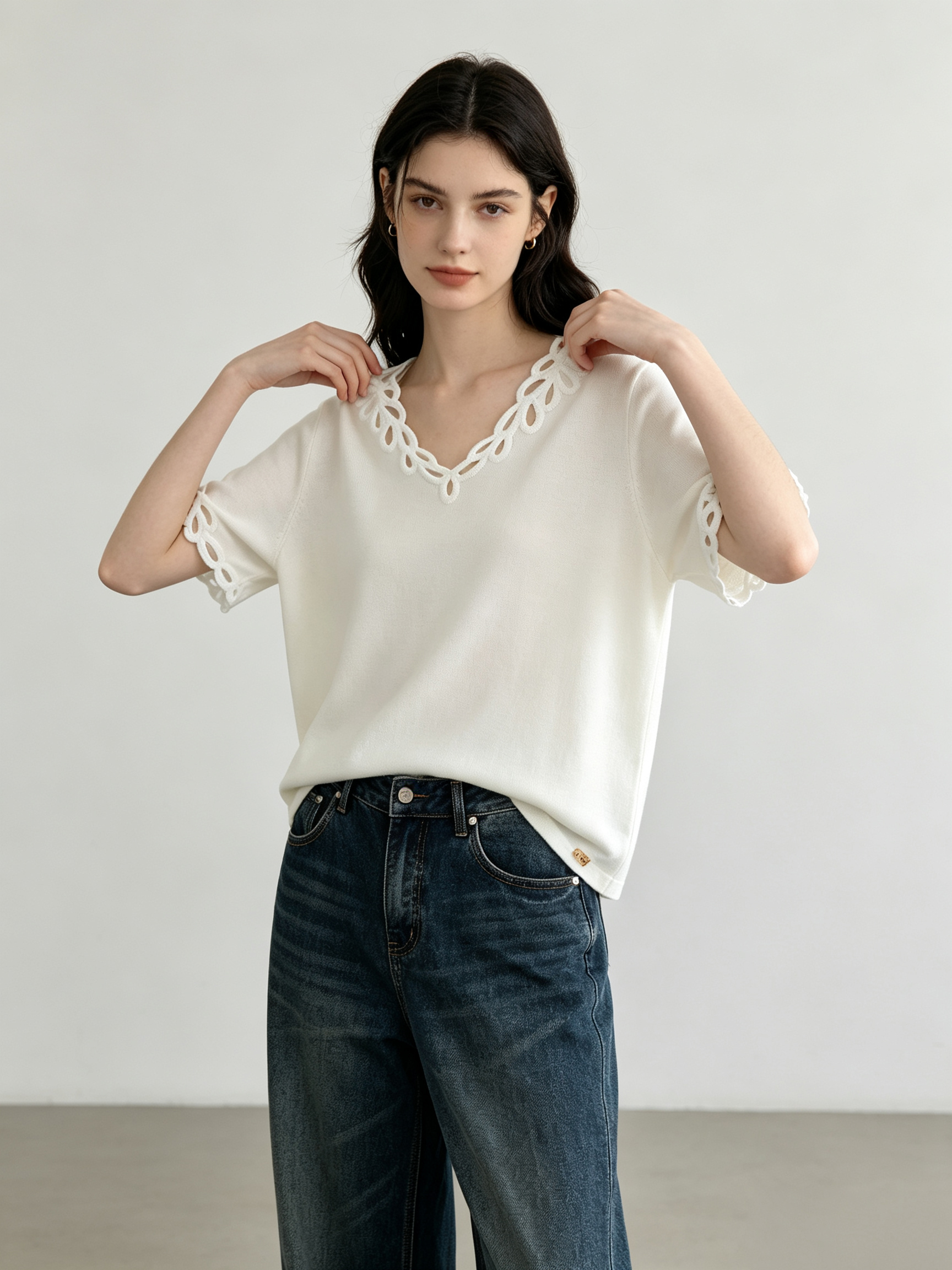 mi-tu Cut-out Crochet V-Neck Top