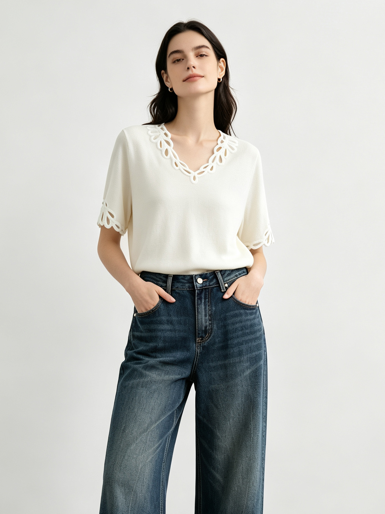 mi-tu Cut-out Crochet V-Neck Top