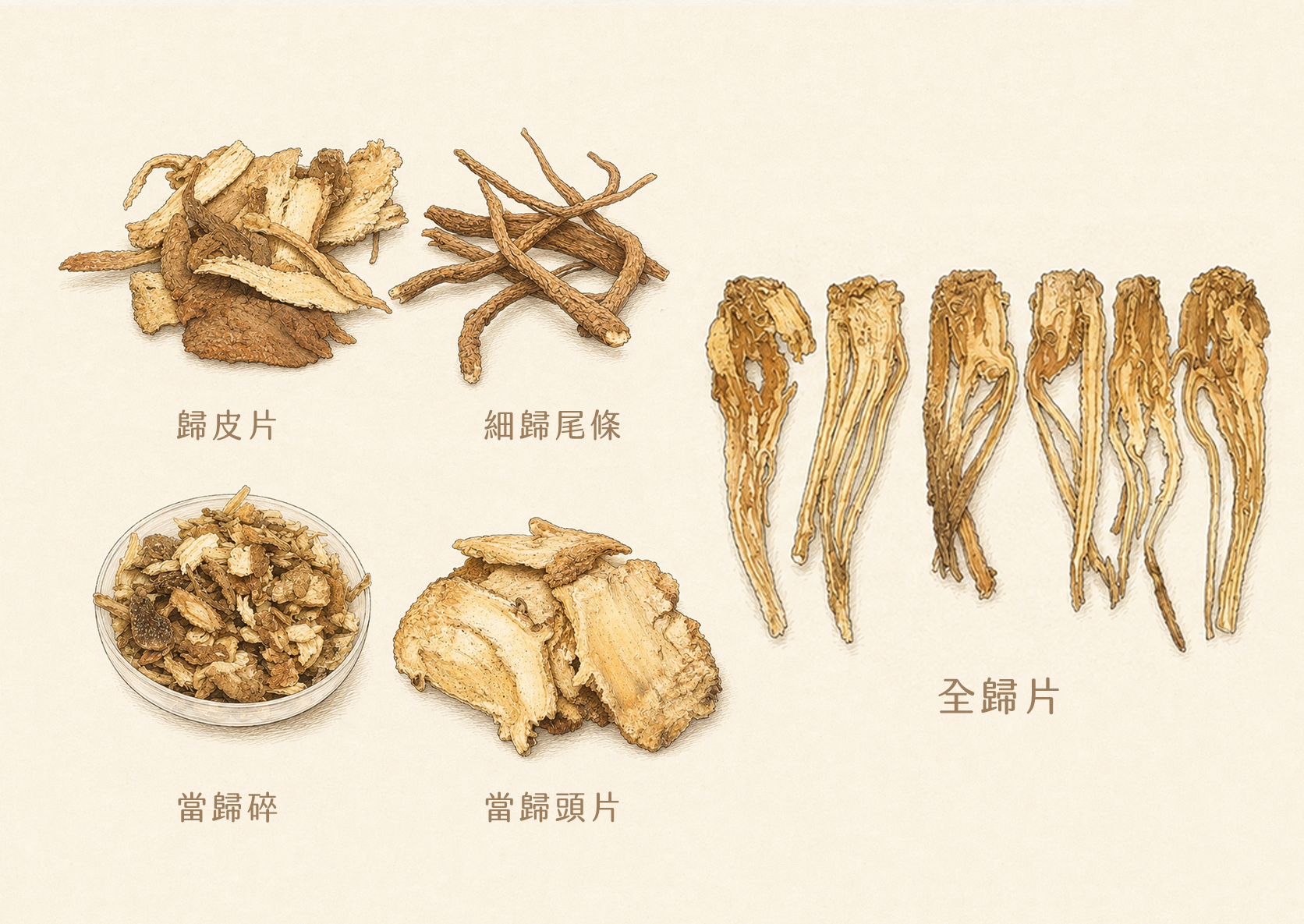市售常見當歸品項:當歸皮、歸尾條、當歸碎、當歸頭片、全歸片