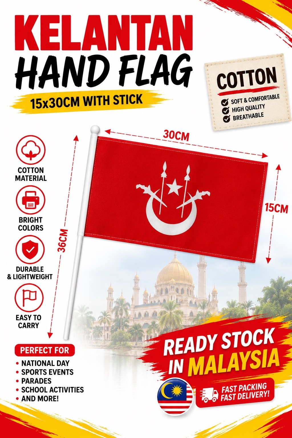Kelantan Hand Flag 15x30cm With Stick | Bendera Tangan Kelantan | Cotton | Ready Stock Malaysia