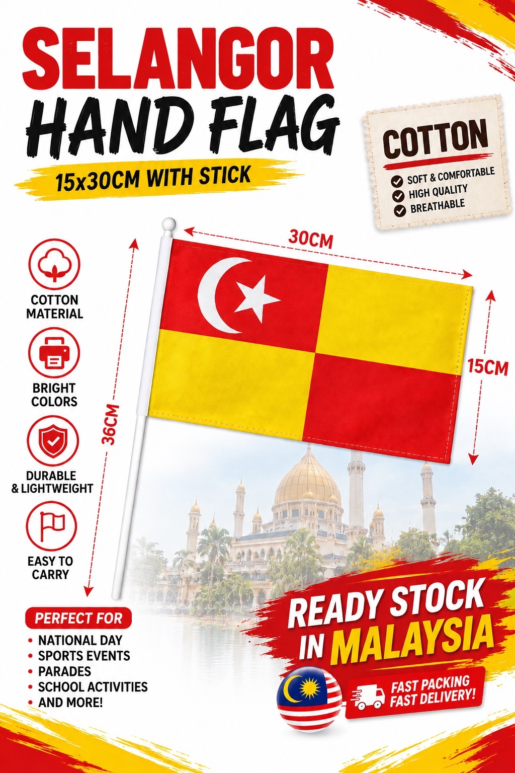 Selangor Hand Flag 15x30cm With Stick | Bendera Tangan Selangor | Cotton | Ready Stock Malaysia