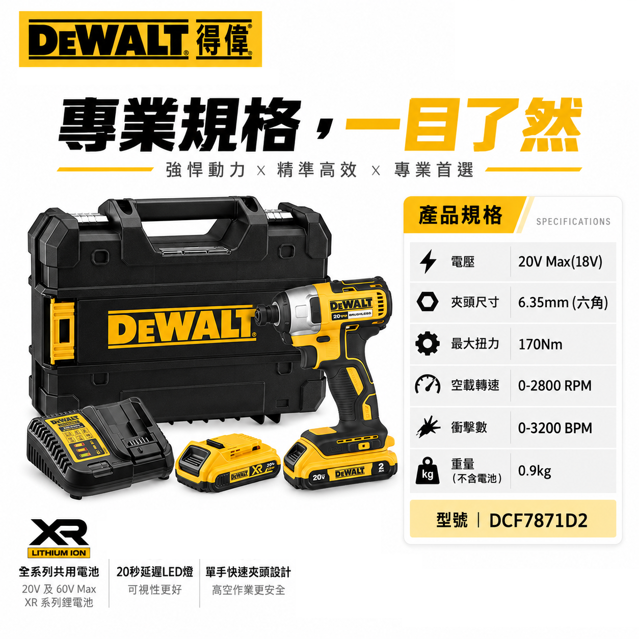 DEWALT 美國 得偉｜20V 無碳刷-經濟版衝擊起子機 充電｜雙電2.0Ah｜DCF7871D2｜公司貨