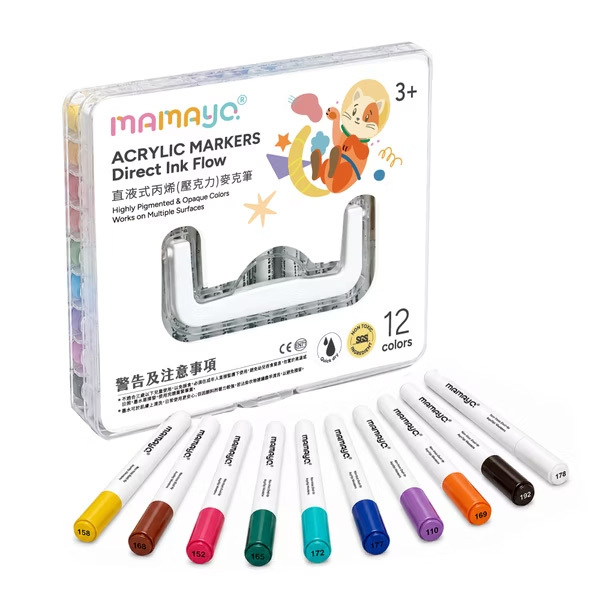 【mamayo】升級版-直液式丙烯麥克筆12色(附贈收納盒)
