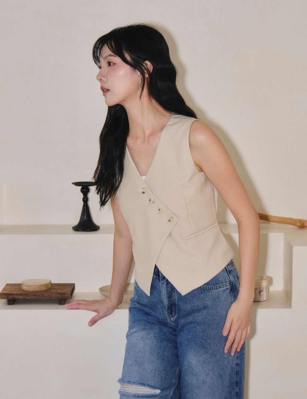 斜切排扣西裝背心（杏色/3尺寸）