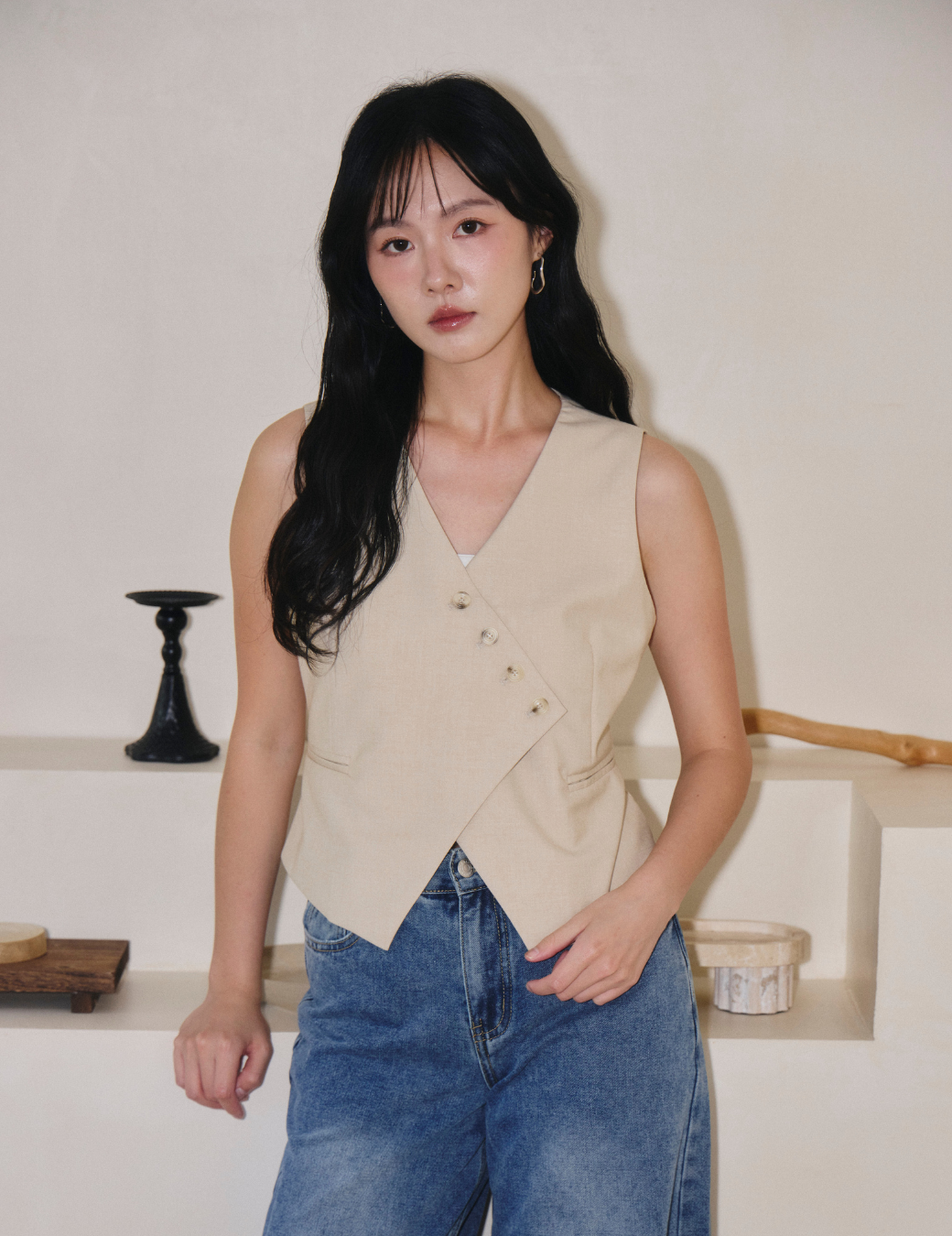 斜切排扣西裝背心（杏色/3尺寸）