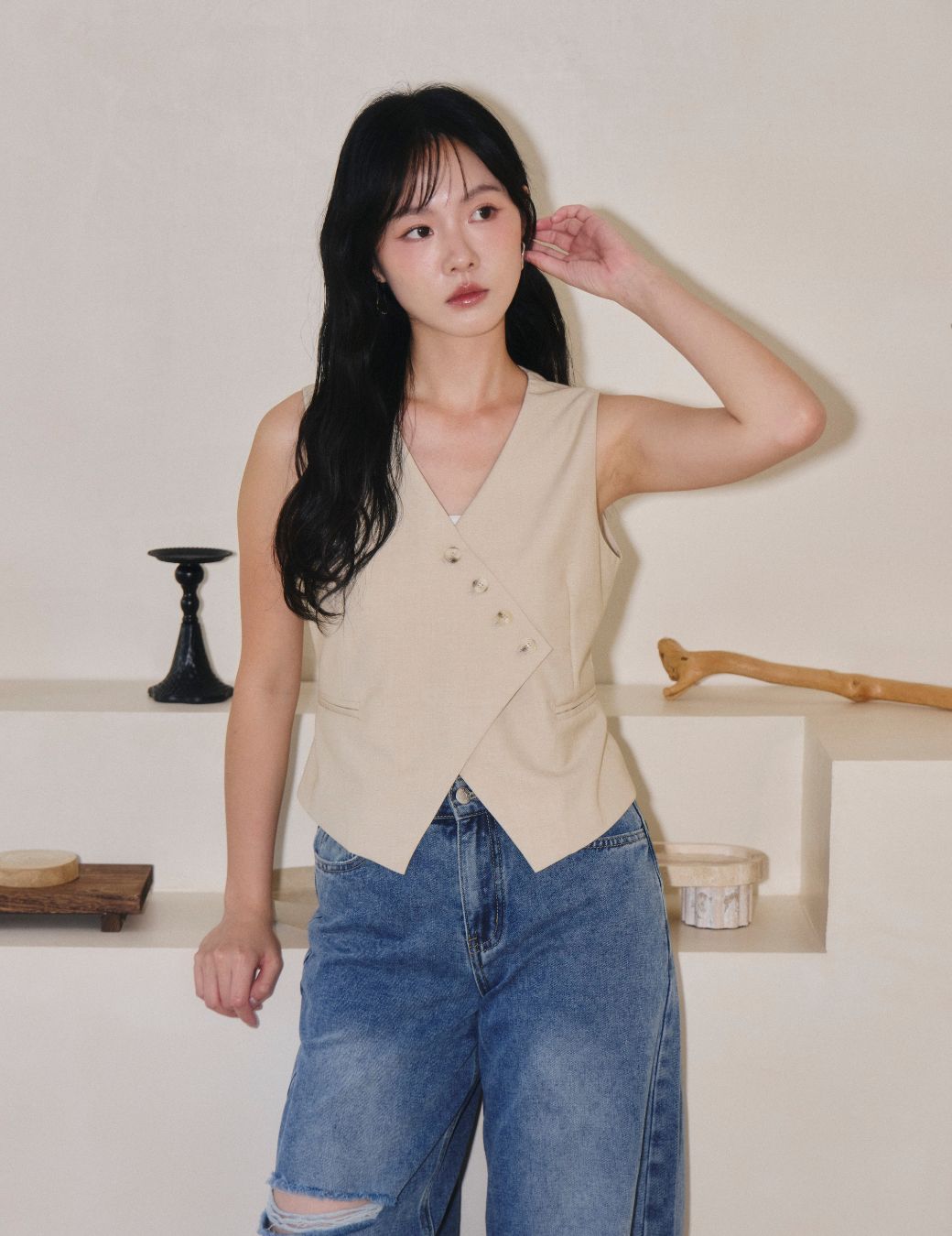 斜切排扣西裝背心（杏色/3尺寸）