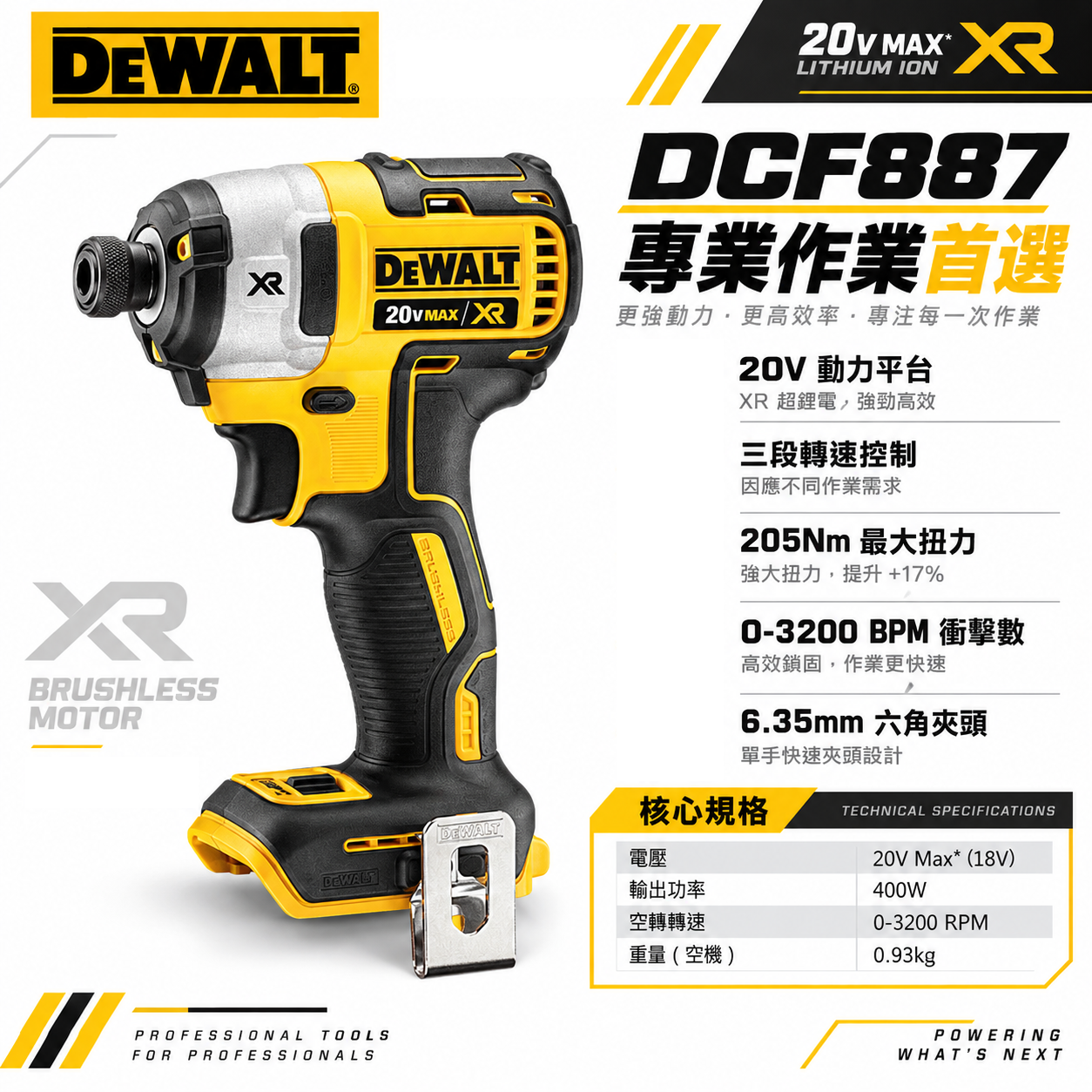 DEWALT 美國 得偉｜20V 充電式無碳刷三段衝擊起子機  無刷式電鑽起子機｜DCF887｜DCF887N｜DCF887B｜公司貨
