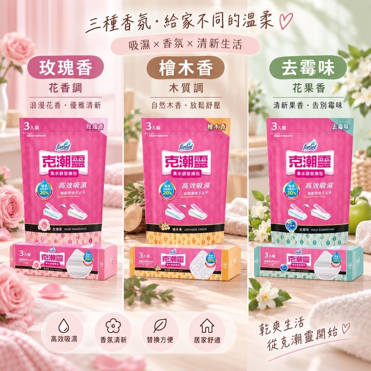 克潮靈集水袋替換包3入｜除濕袋 吸濕袋 玫瑰香 檜木香 去霉味 衣櫃鞋櫃除濕【輕鬆購五金百貨】