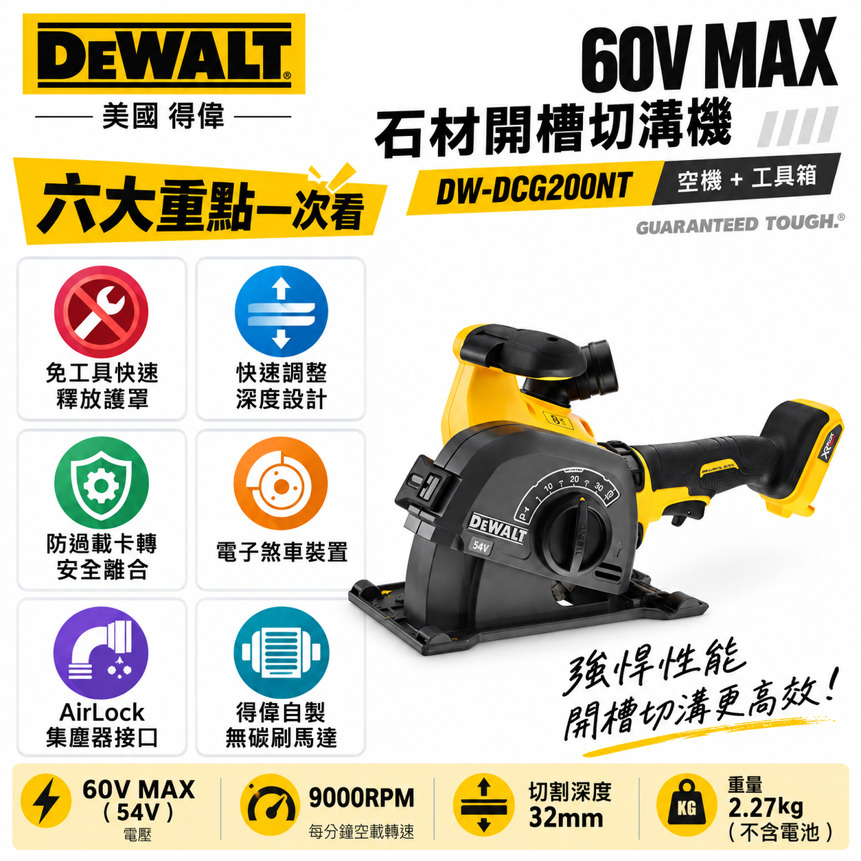 DEWALT 美國 得偉｜60V 充電式石材開槽機 充電開槽機 充電切割機｜空機｜DCG200NT｜公司貨 DCG200