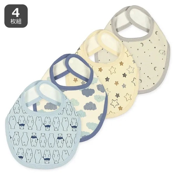 【Nishimatsuya】Baby Cotton Snap Bibs 4-Pack (Bear/Cloud/Star/Sheep) Free Size (0-2Y)