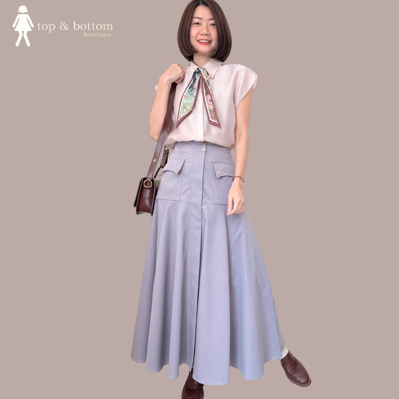 V SLEEVE COLLARED SHIRT WITH PRINTED SCARF
