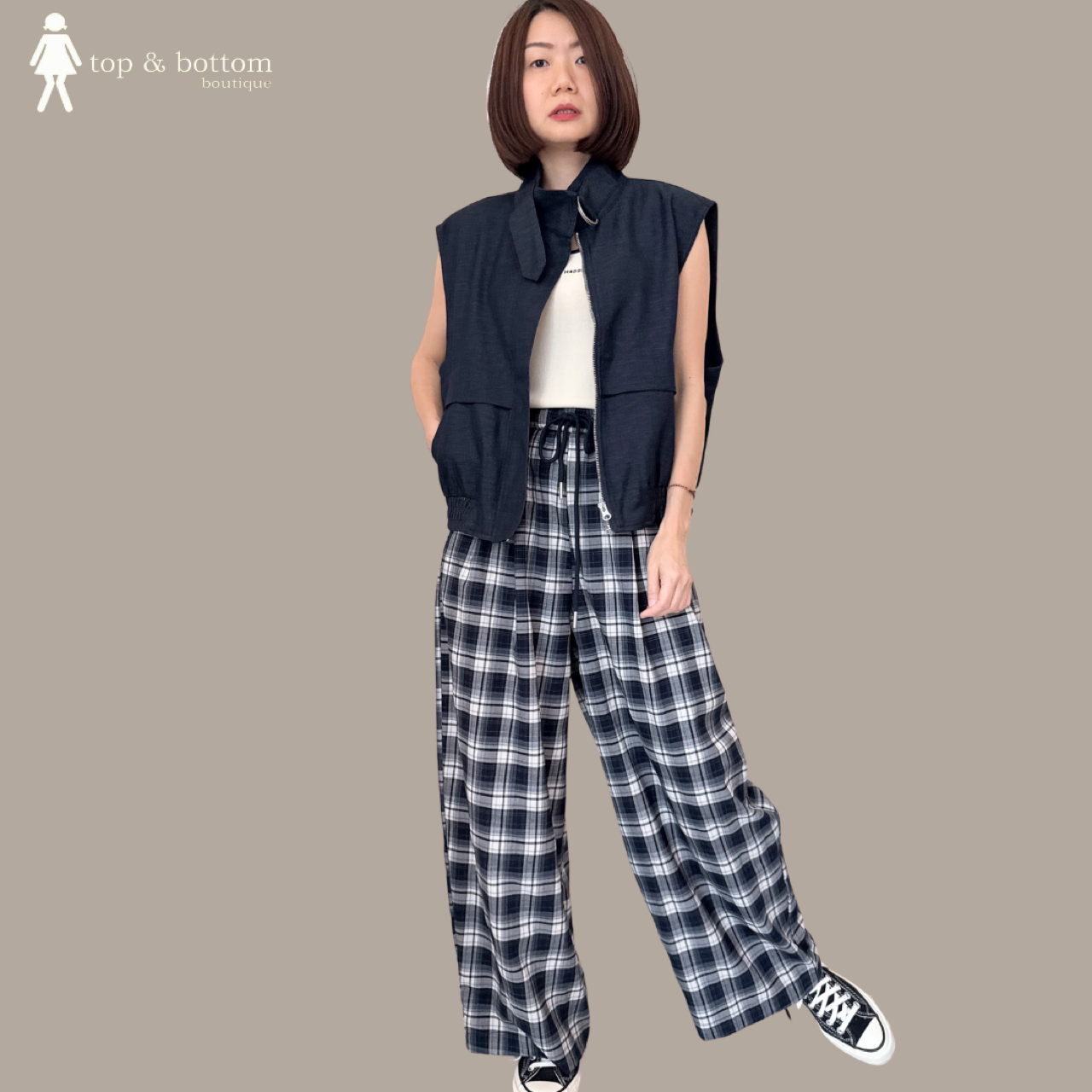 ELASTIC WAISTED CHECKED WIDE LEG PANT