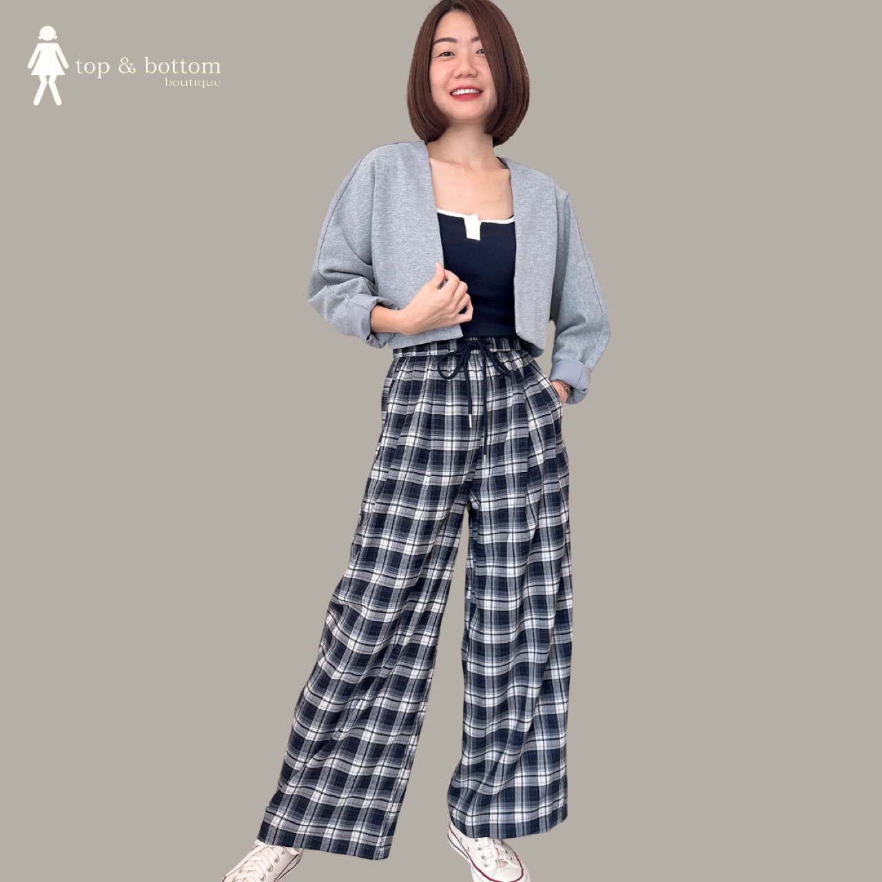 ELASTIC WAISTED CHECKED WIDE LEG PANT
