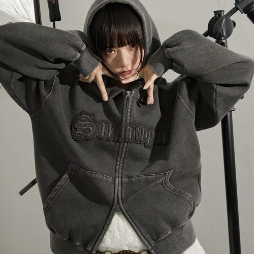 SNAP CLUB 復古 做舊水洗 貼布LOGO 連帽外套 寬鬆 雙拉鍊 男女 91614438