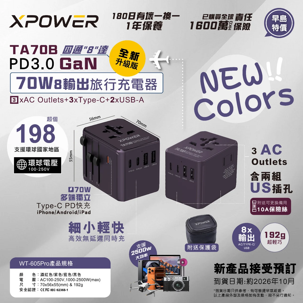 (早買限定優惠)(追加新色)XPower TA70B 8輸出 PD/PPS 70W Gan旅行充電器 (酒紅紫色)
