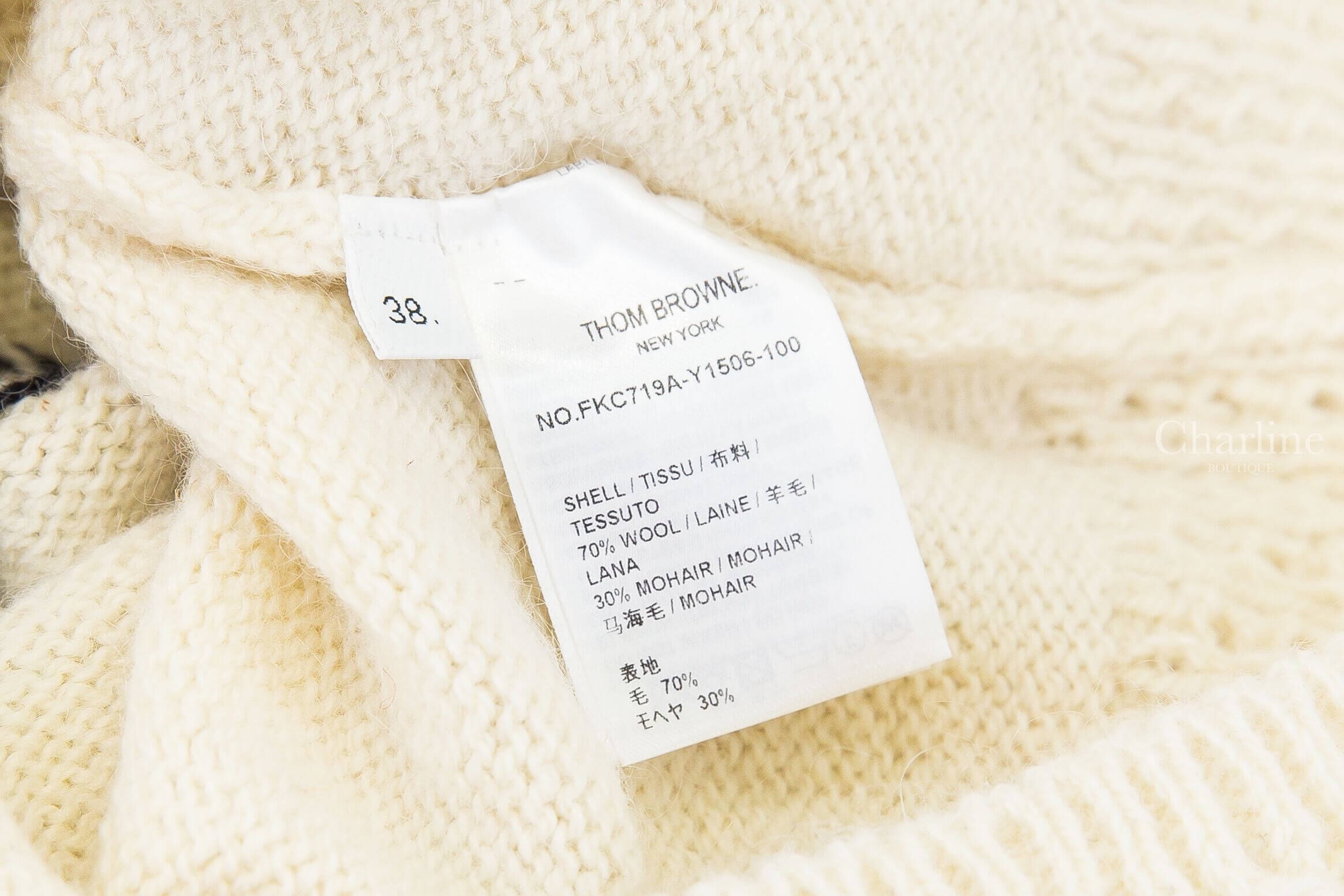Thom Browne Donegal Rwb Stripe Hector Pointelle Cardigan 白色紅藍條紋後背臘腸狗針織羊毛混馬海毛開襟長袖外套 70% 羊毛 30% 馬海毛材質洗標