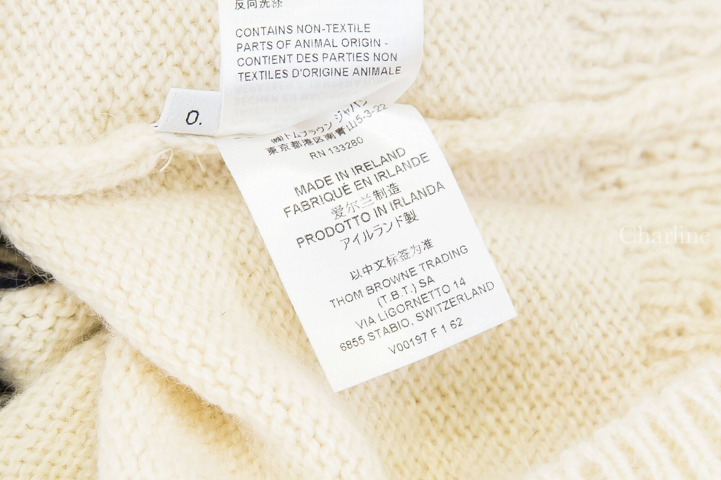 Thom Browne Donegal Rwb Stripe Hector Pointelle Cardigan 白色紅藍條紋後背臘腸狗針織羊毛混馬海毛開襟長袖外套 Made in Ireland 產地與洗標細節