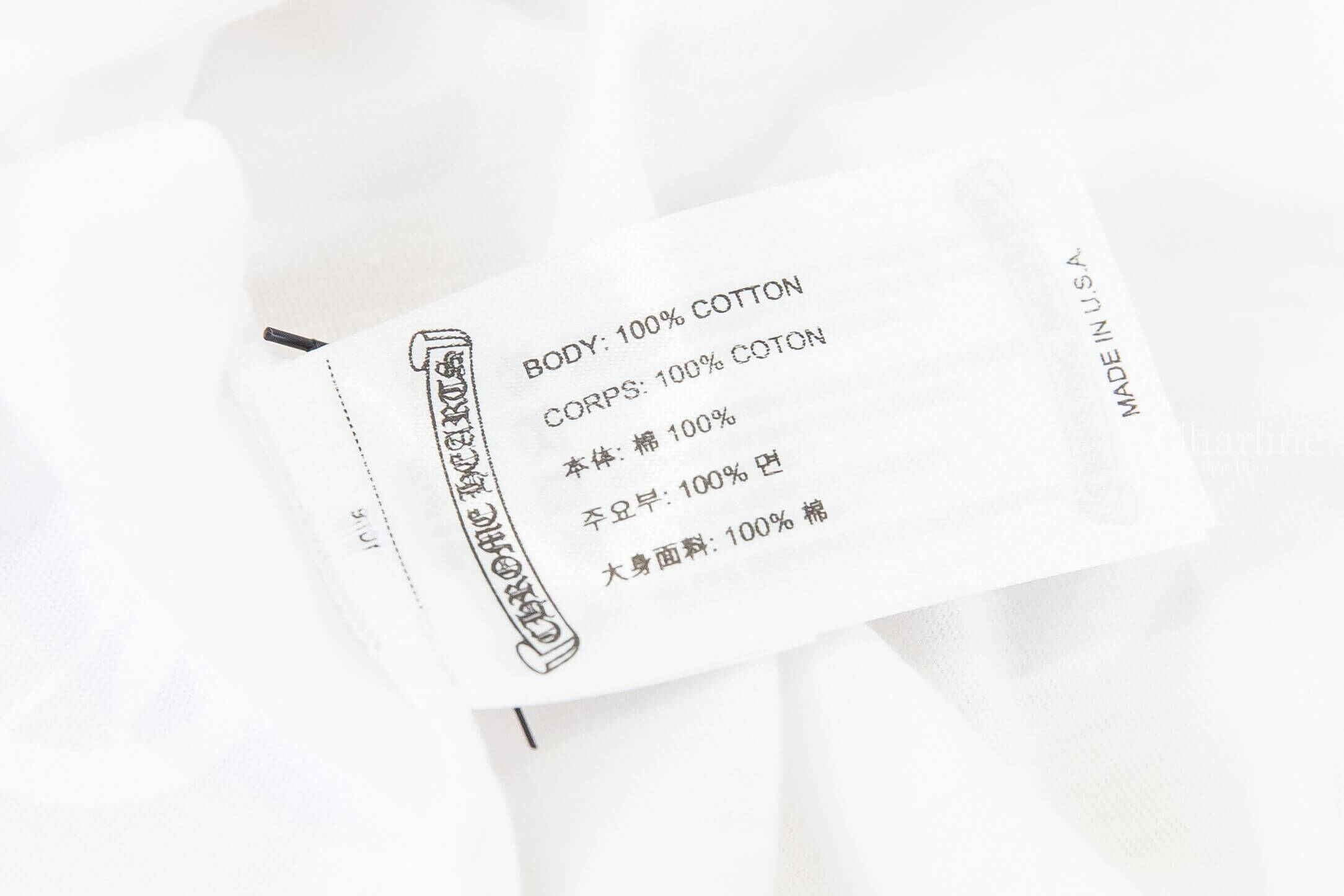 Chrome Hearts T-shirts 白色黑字圖騰印花口袋短袖棉T 100% Cotton 材質與 Made in USA 成分標籤細節，Charline Boutique 實拍
