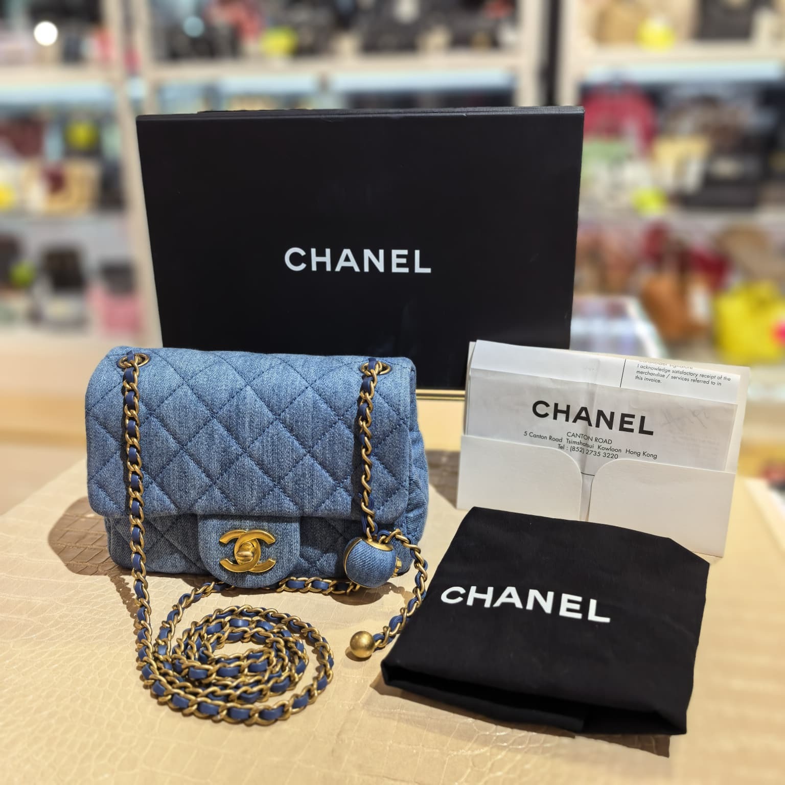 本週限時!!! 99.9%NEW二手CHANEL金波斜揹袋, CF17, AS1786, 方胖子, 洗水牛仔藍, 金球調節鏈條包, #Mini Square Flap Bag, #丹寧牛仔藍, #香榭站正品