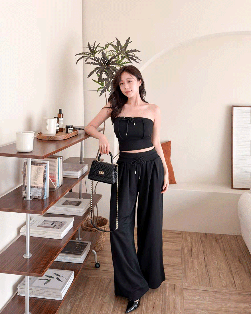 LINA LINA時髦小辣純色綁繩罩杯上衣長褲兩件組-性格黑