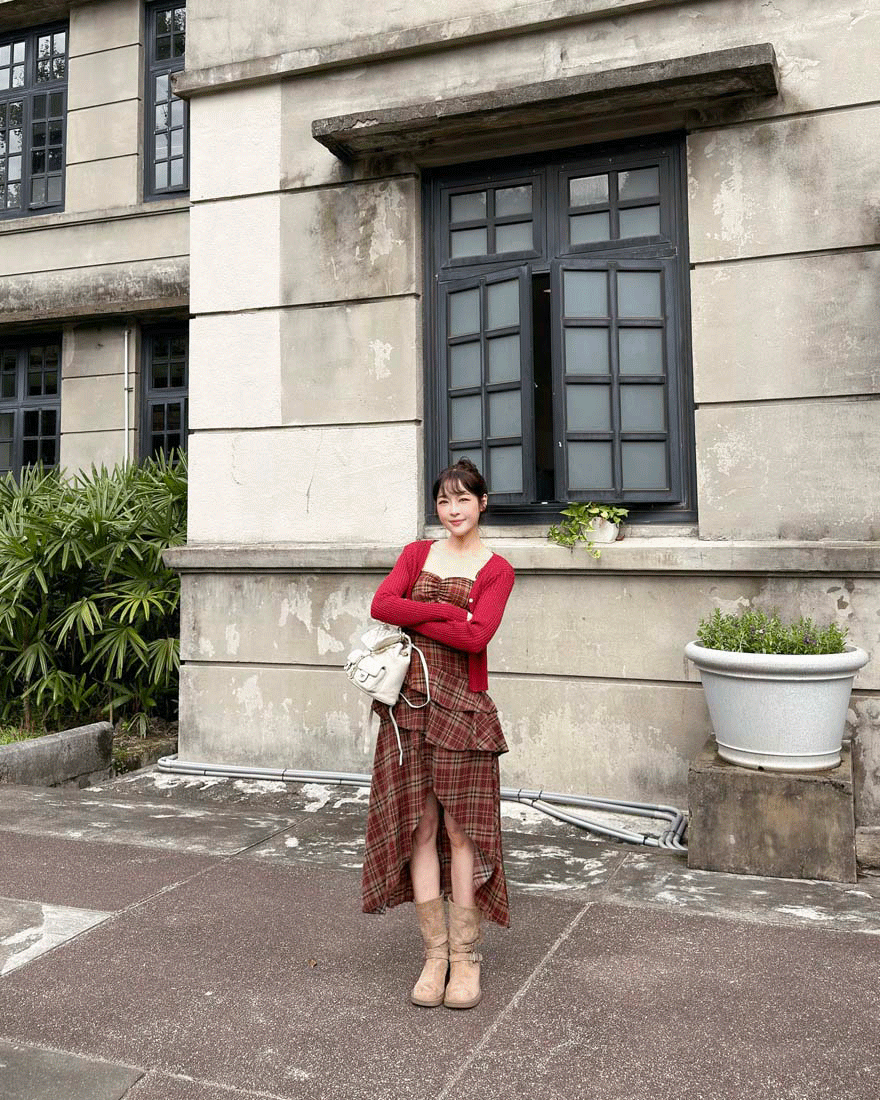 LINA LINA著迷戀語格紋洋裝坑條外套兩件組-紅X咖