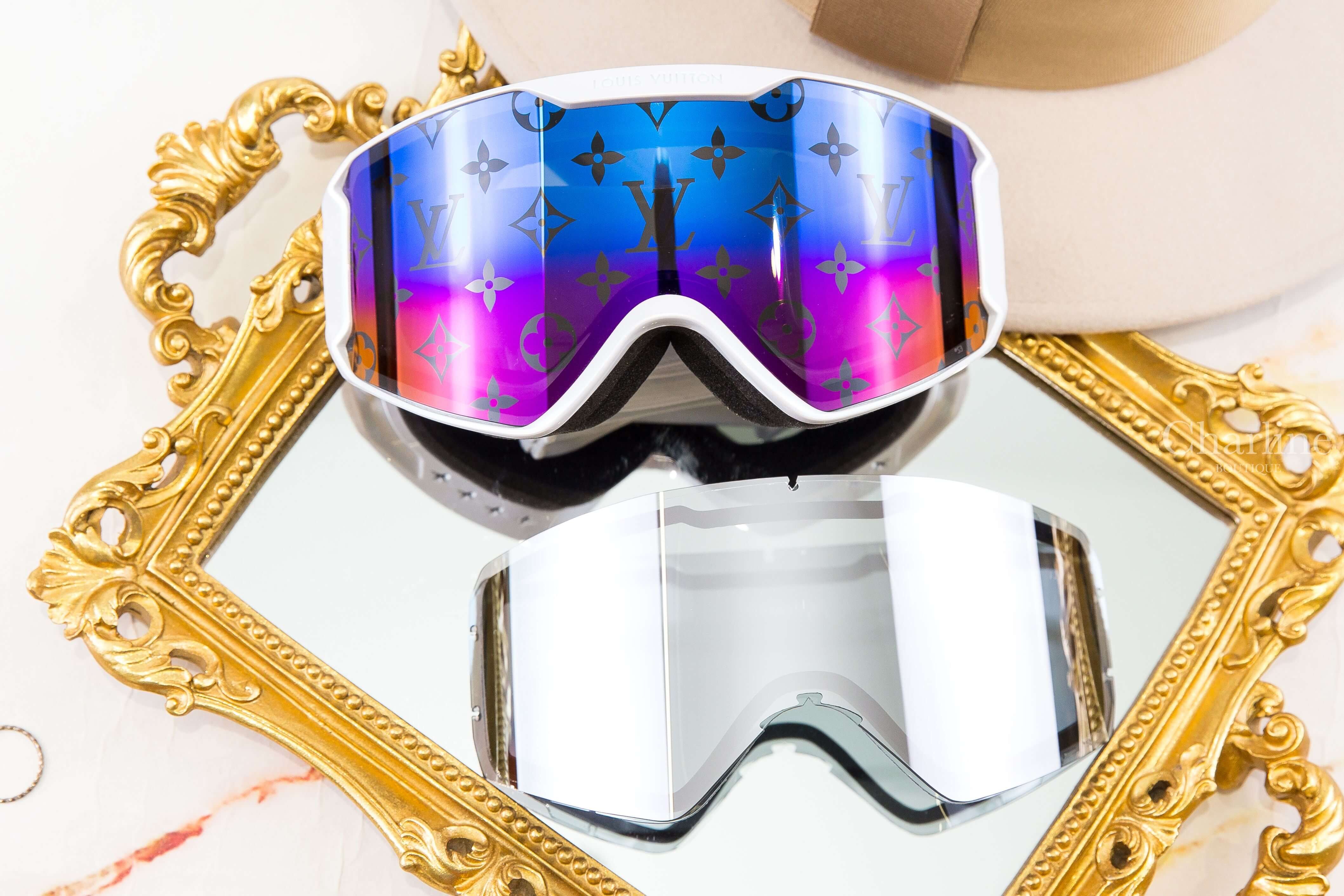 Louis Vuitton LV Snow Gradient Mask 白色側邊銀色老花字母漸層老花鏡面拆卸式滑雪護目鏡 漸層 Monogram 主鏡片與拆卸式替換鏡片完整配置，Charline Boutique 實拍