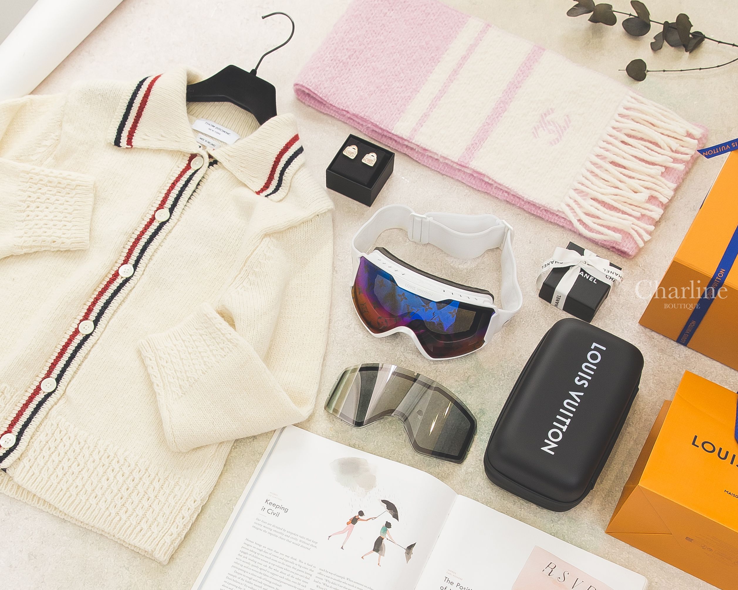 Louis Vuitton LV Snow Gradient Mask 白色側邊銀色老花字母漸層老花鏡面拆卸式滑雪護目鏡 平拍穿搭情境與拆卸式替換鏡片展示，Charline Boutique 實拍