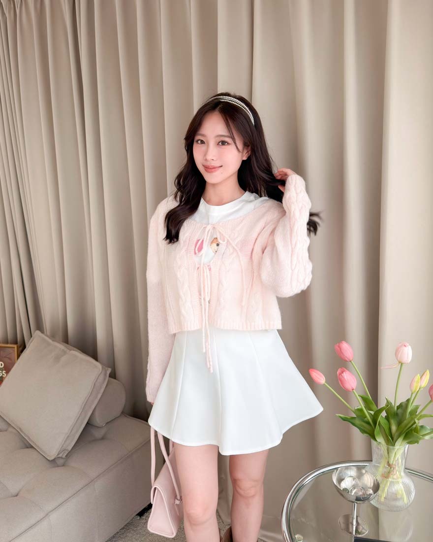 LINA LINA甜美映日麻花織紋蝴蝶綁結外套-唯美粉