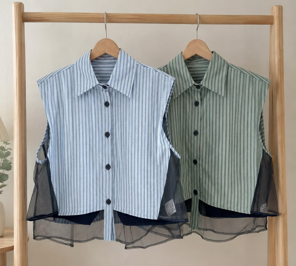V SLEEVE STRIPED SHIRT WITH LACE DETAILS