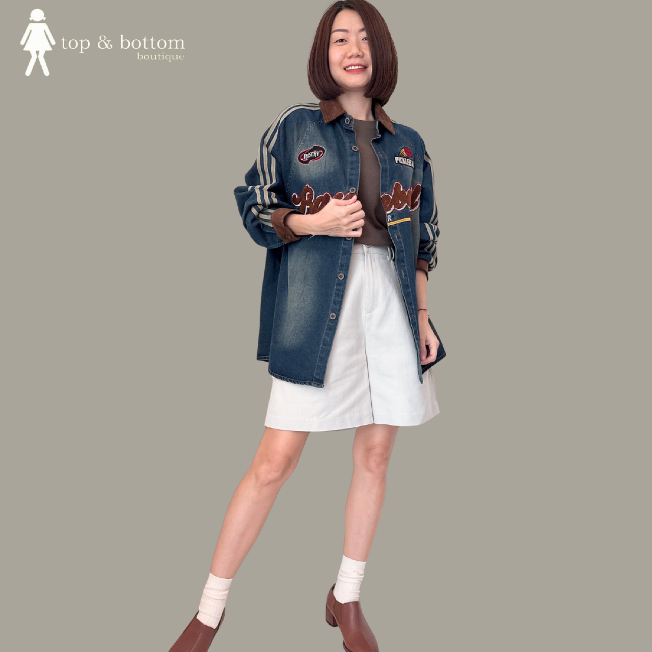 CORDUROY COLLARED DENIM OVERSIZE SHIRT WITH EMBROIDERY DETAILS