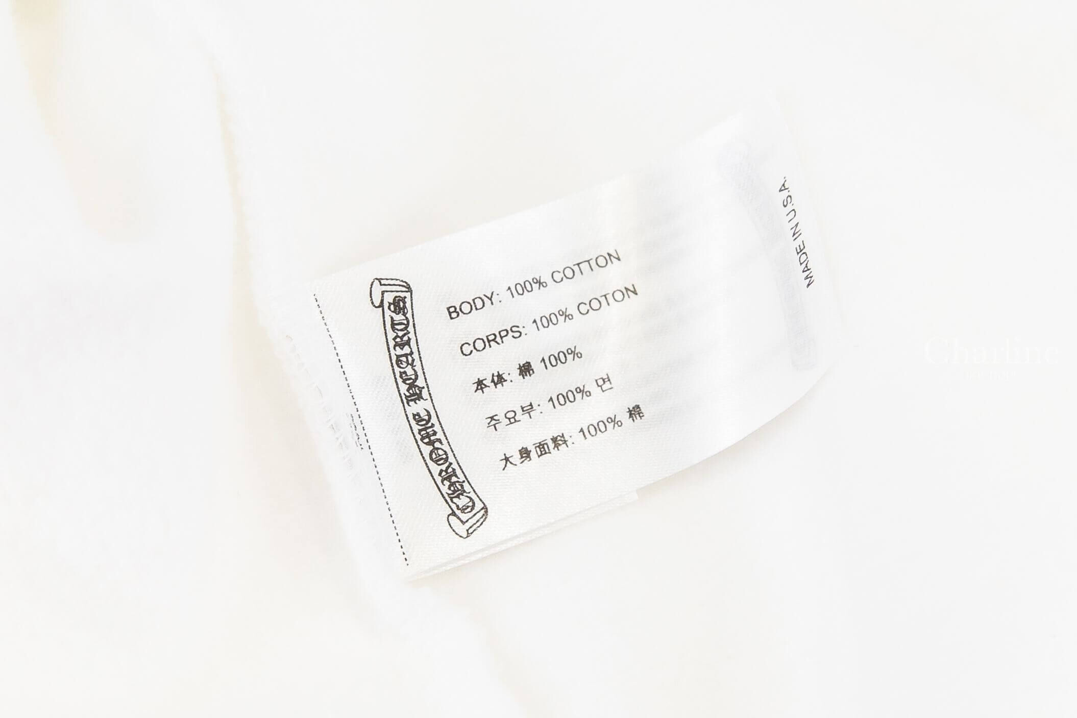Chrome Hearts Sweatshirt 白色黑字圖騰印花連帽長袖棉T 100% Cotton 材質與 Made in USA 成分標籤細節，Charline Boutique 實拍
