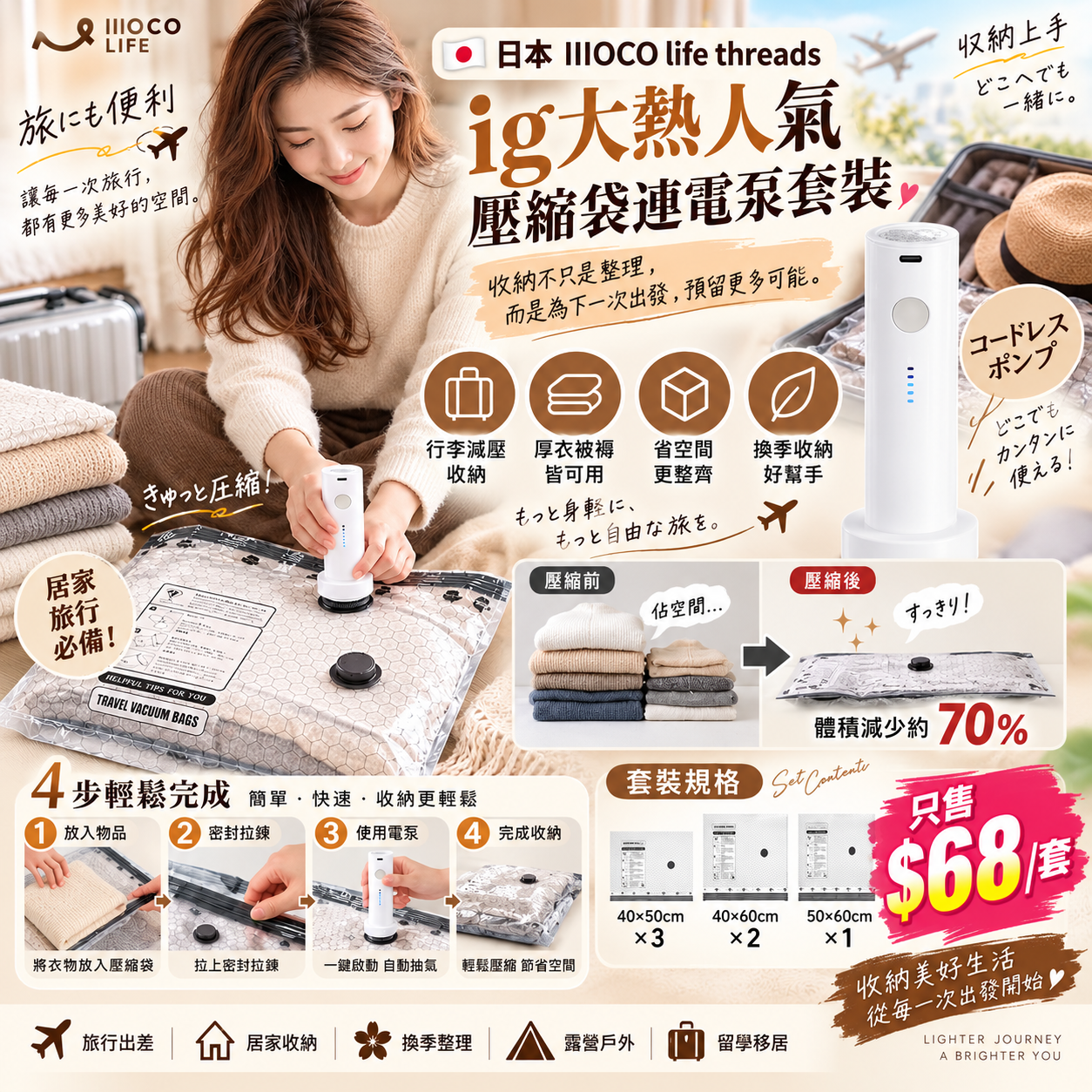 【UB10207】日本IIIOCO life threads ig大熱人氣壓縮袋連秒速電泵套裝