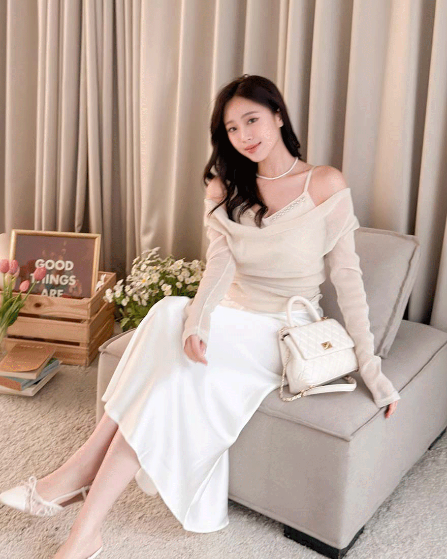 LINA LINA輕奢悸動鑽石背心盪領假兩件上衣-氣質杏