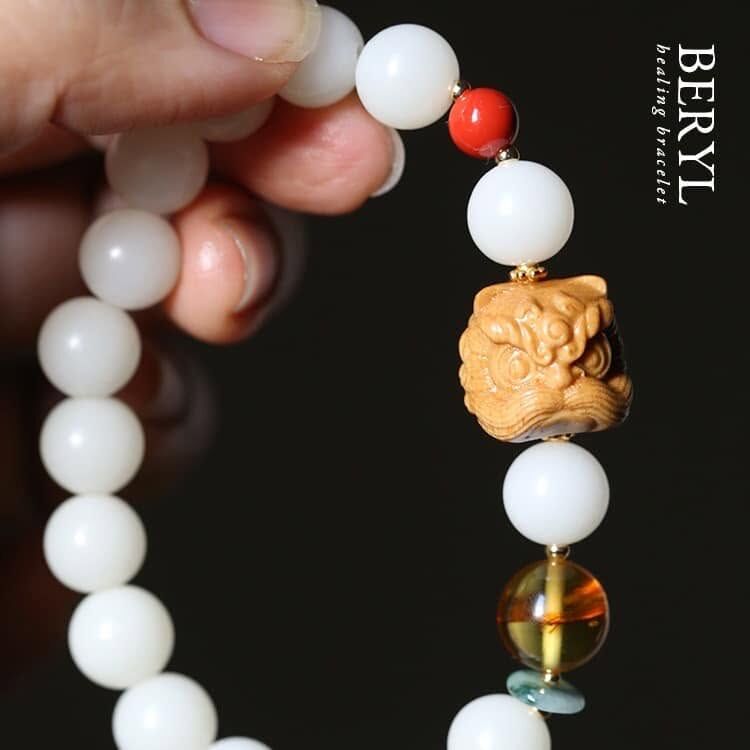 《守護平安 好運生財》白玉菩提根醒獅手串