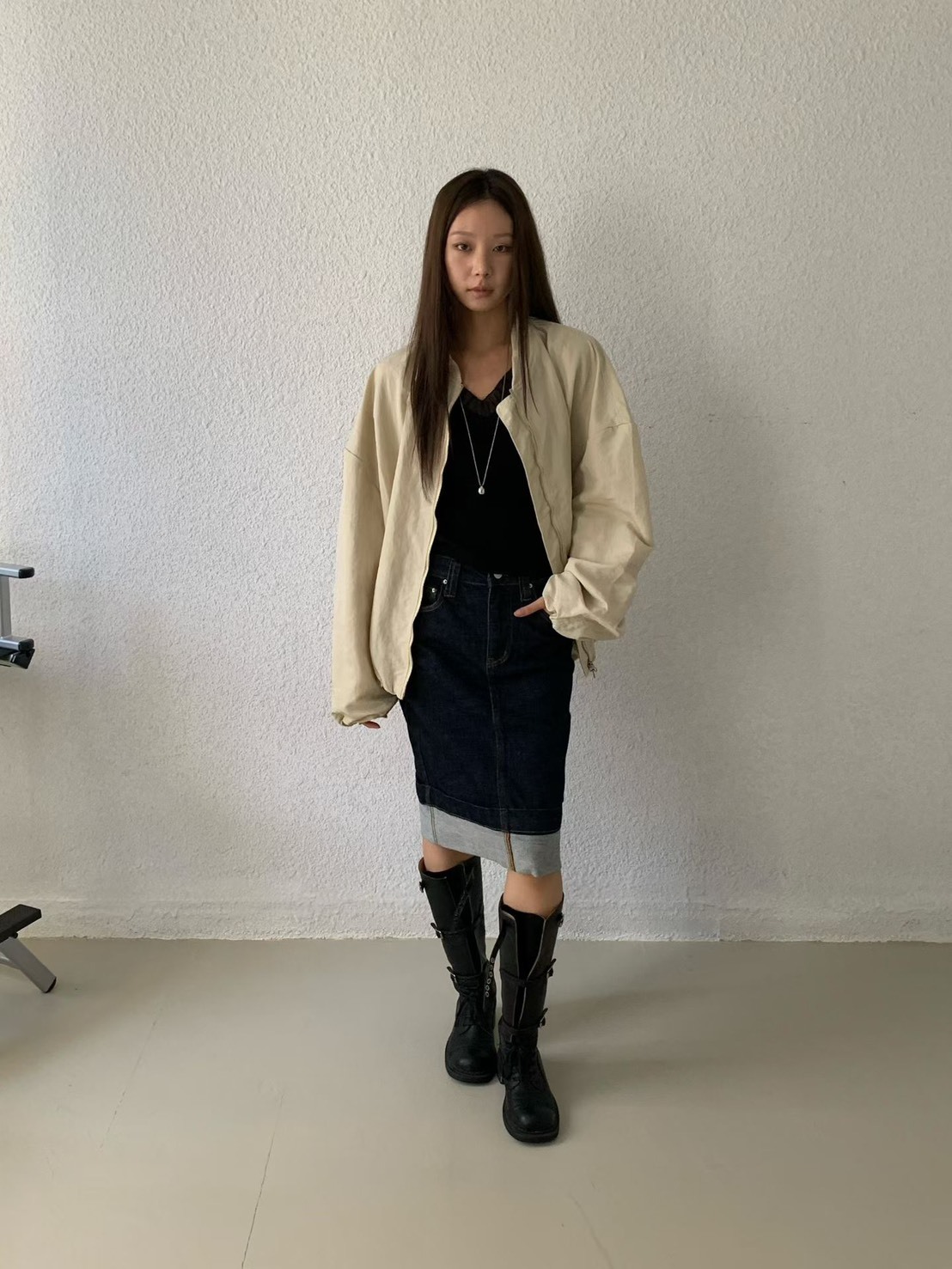 深藍反摺牛仔中裙