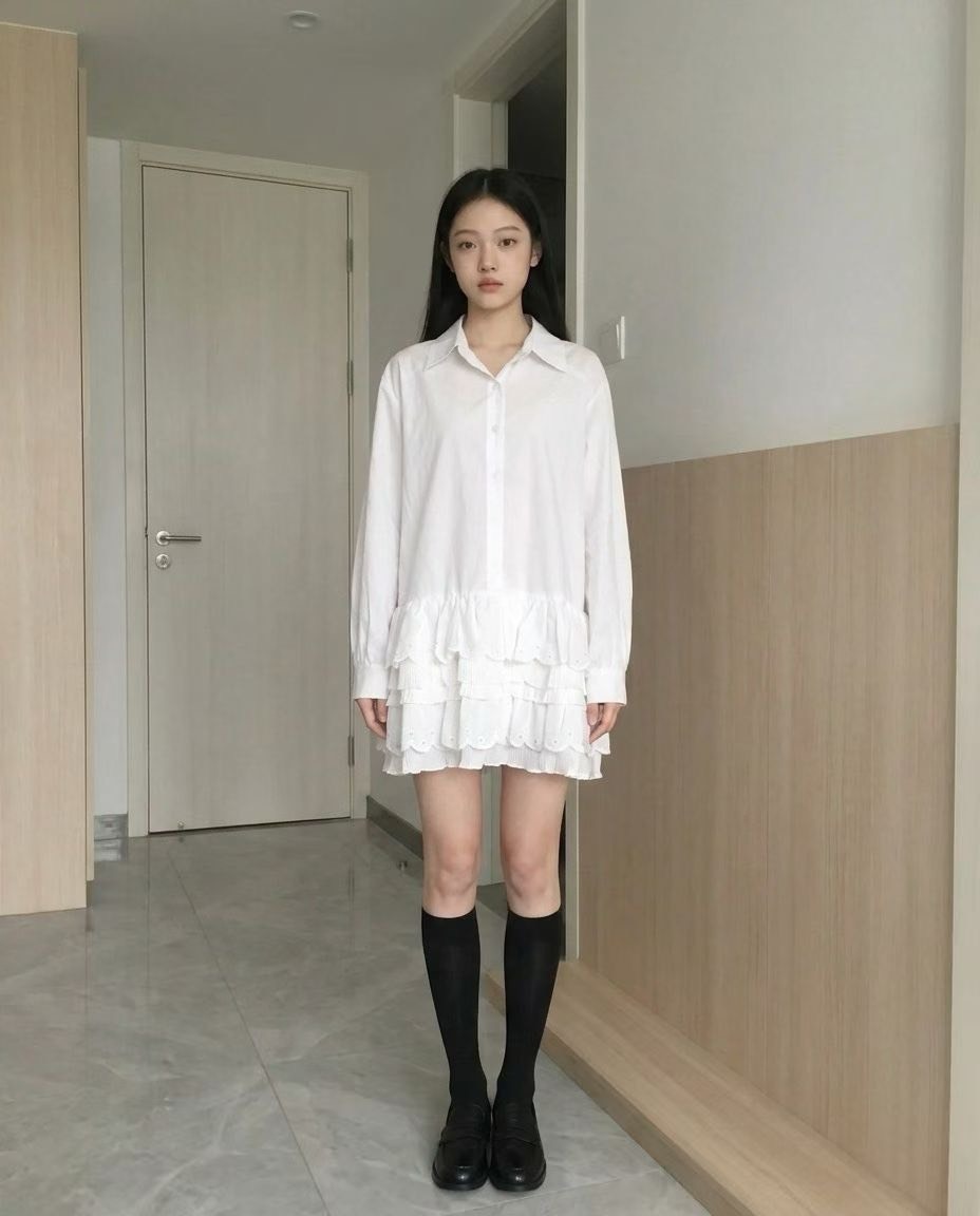 白襯衫蕾絲蛋糕短洋裝
