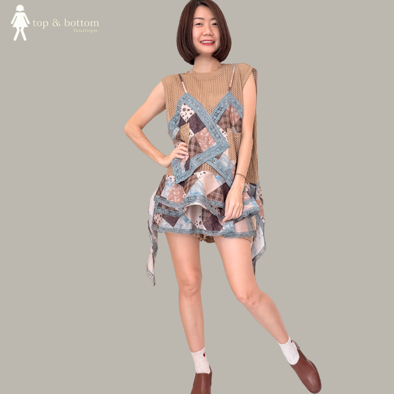 SLEEVELESS CROCHET & CHIFFON DETAILED LONG BLOUSE & SHORTS SET SUIT (2PCS)