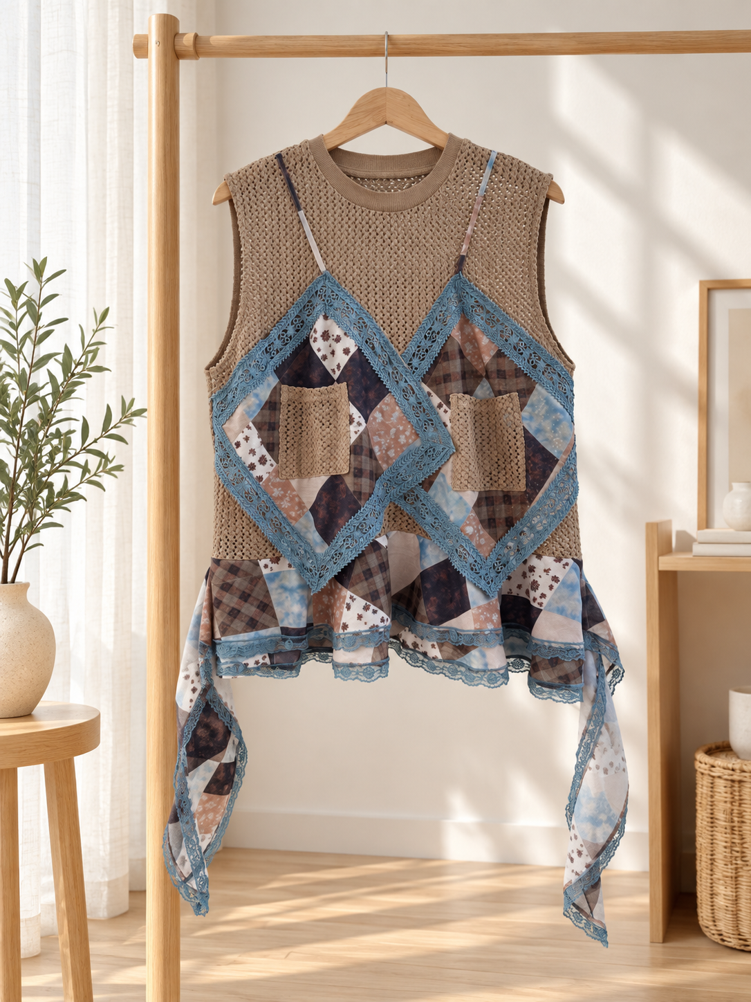 SLEEVELESS CROCHET & CHIFFON DETAILED LONG BLOUSE & SHORTS SET SUIT (2PCS)