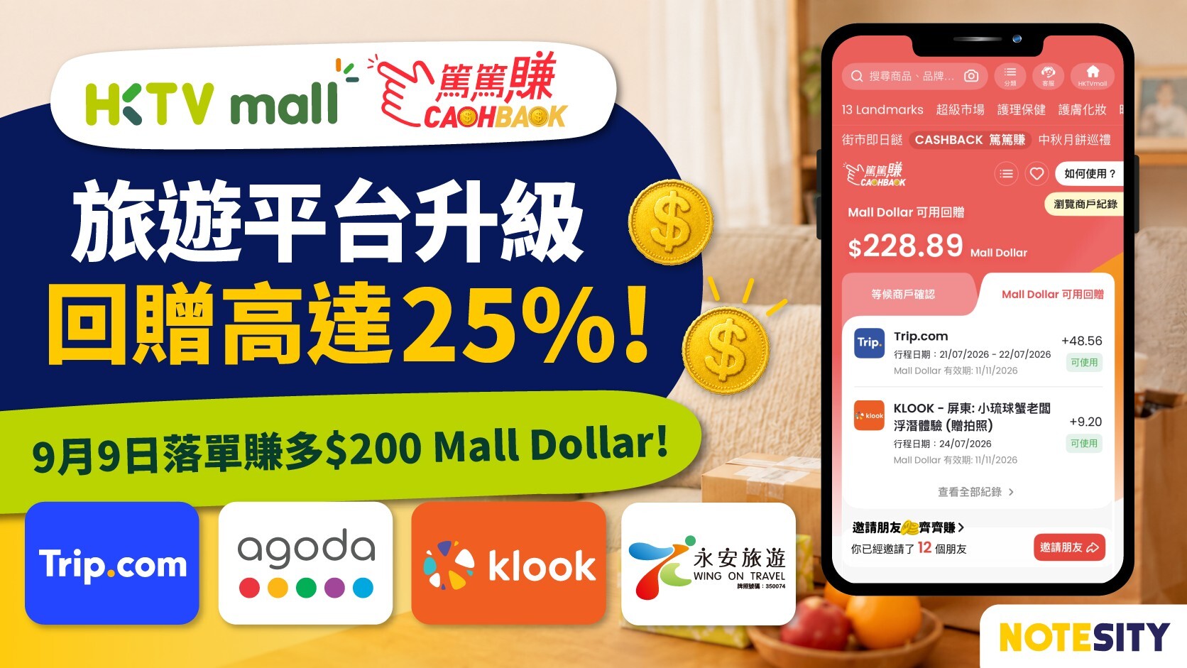 【HKTVmall CASHBACK 篤篤賺】旅遊平台升級回贈高達 25%！9.9 落單賺多 $200 Mall Dollar