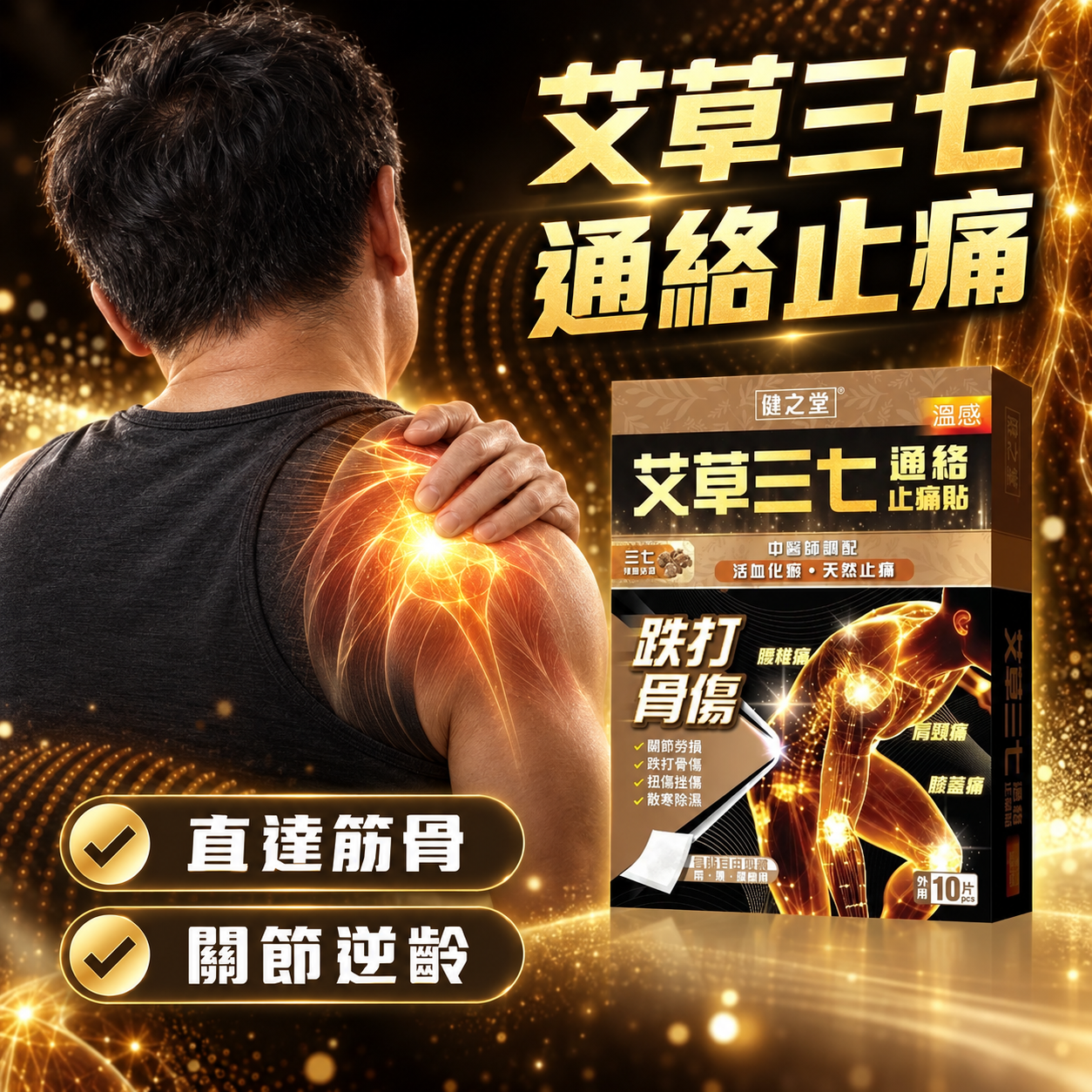 健之堂 艾草三七通絡止痛貼 10片裝  止痛膏布 | 關節勞損 | 散寒除濕