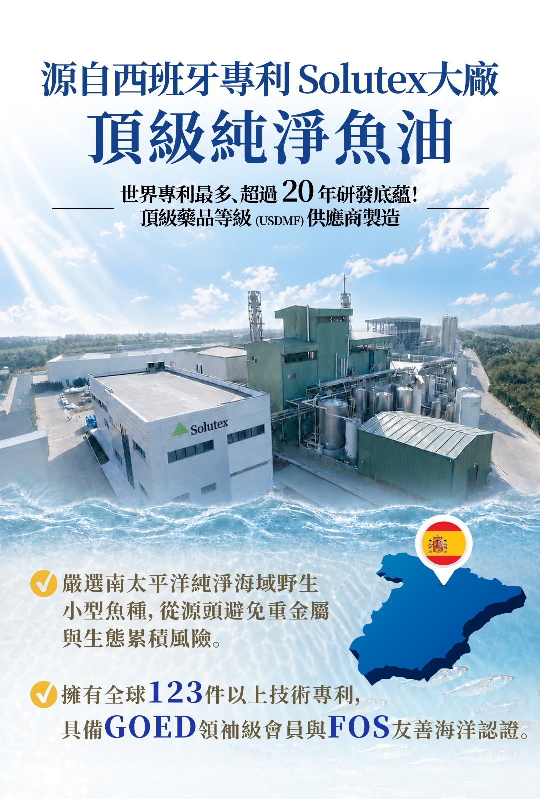 源自西班牙Solutex大廠頂級純淨魚油，嚴選南太平洋野生小型魚，擁有全球123件以上技術專利