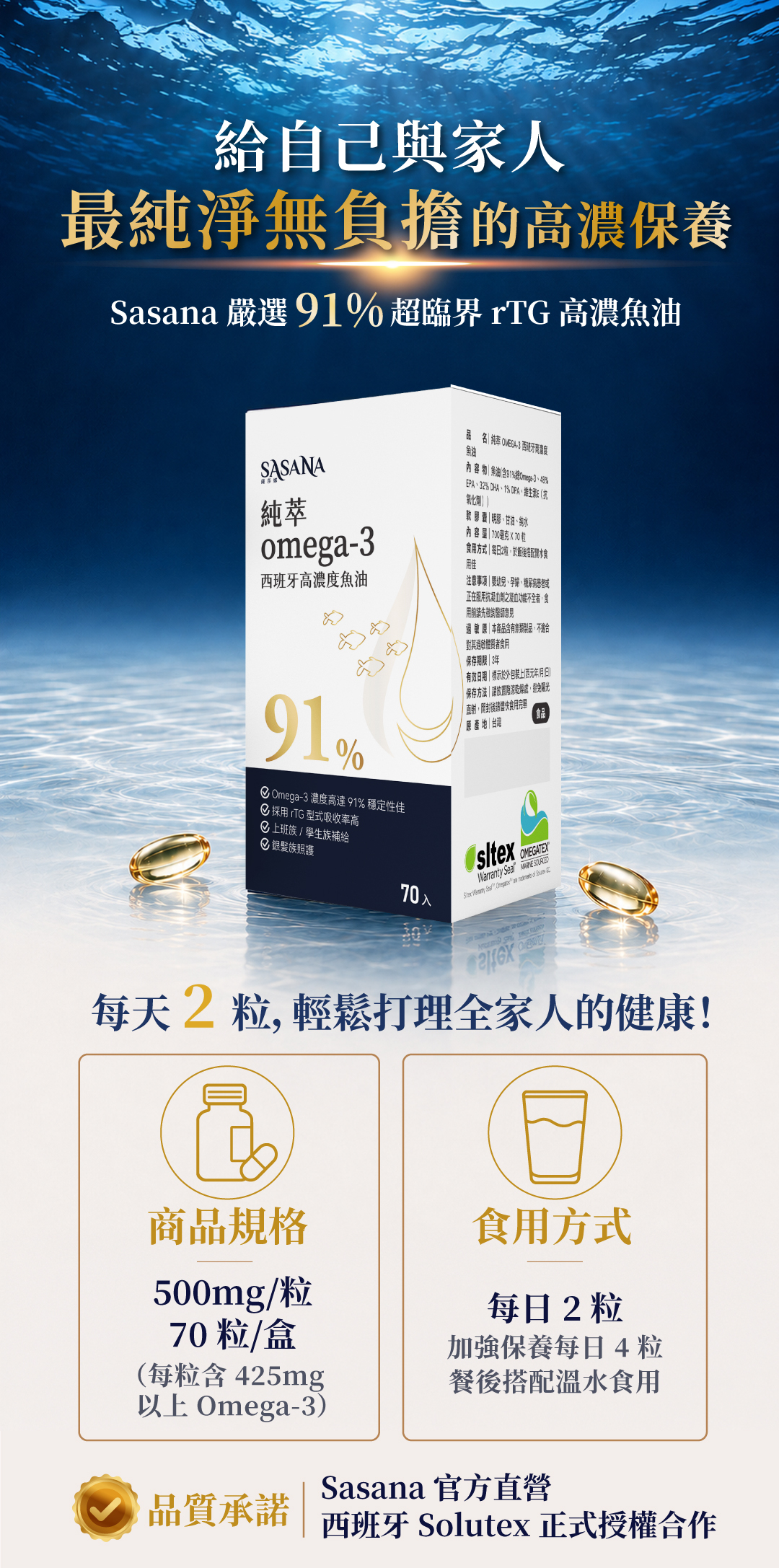 每天2粒Sasana高濃度魚油，輕鬆打理全家人健康，每盒70粒裝，官方直營且為西班牙Solutex正式授權合作