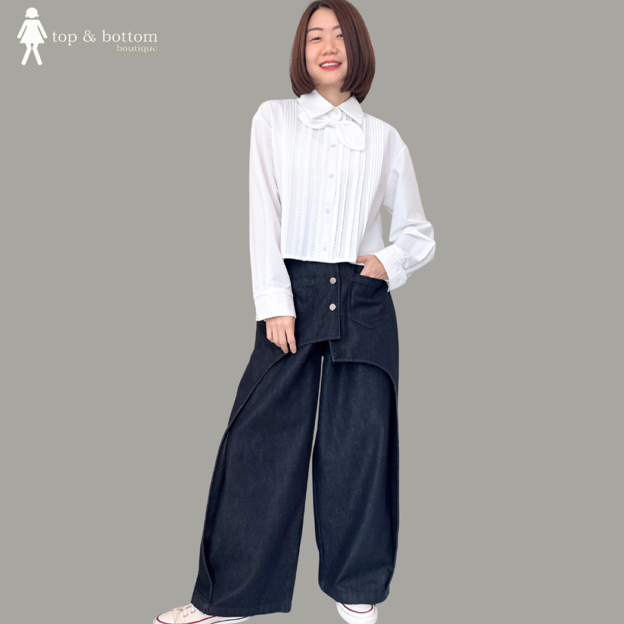 DENIM LAYERED FRONT WIDE LEG PANT