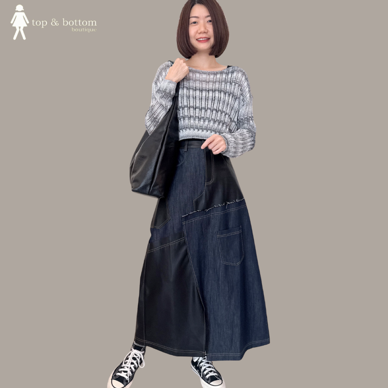 PU LEATHER & DENIM COLLAGE LONG SKIRT