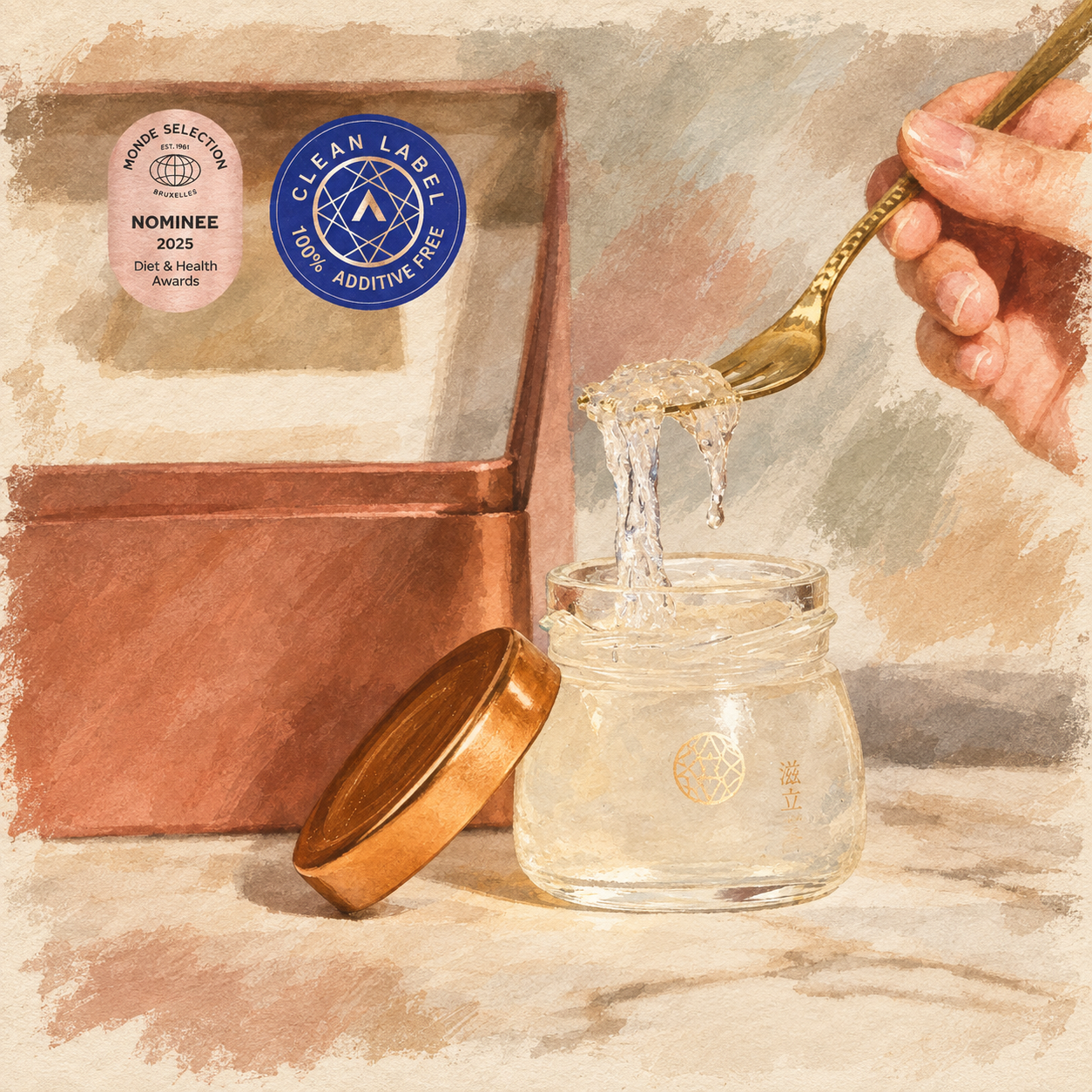 滋立鮮燉燕窩 75 mL 與禮盒的水彩重繪，保留原圖提名及潔淨標章