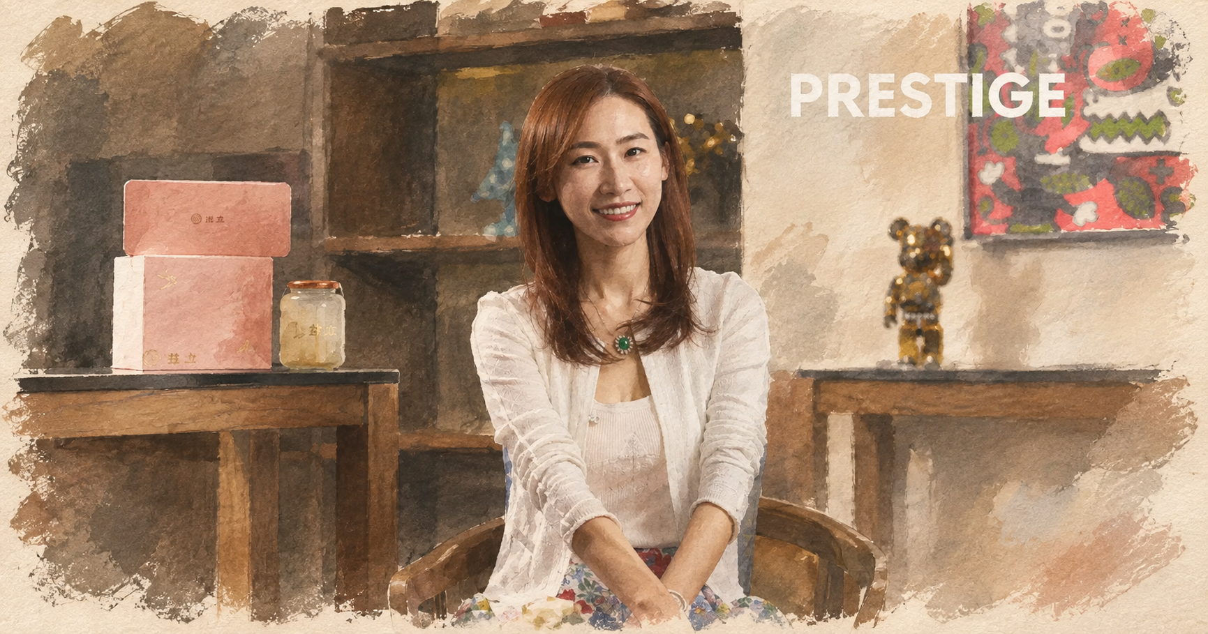 李靖葦與滋立燕窩禮盒的水彩肖像，依 Prestige 專訪照片重繪