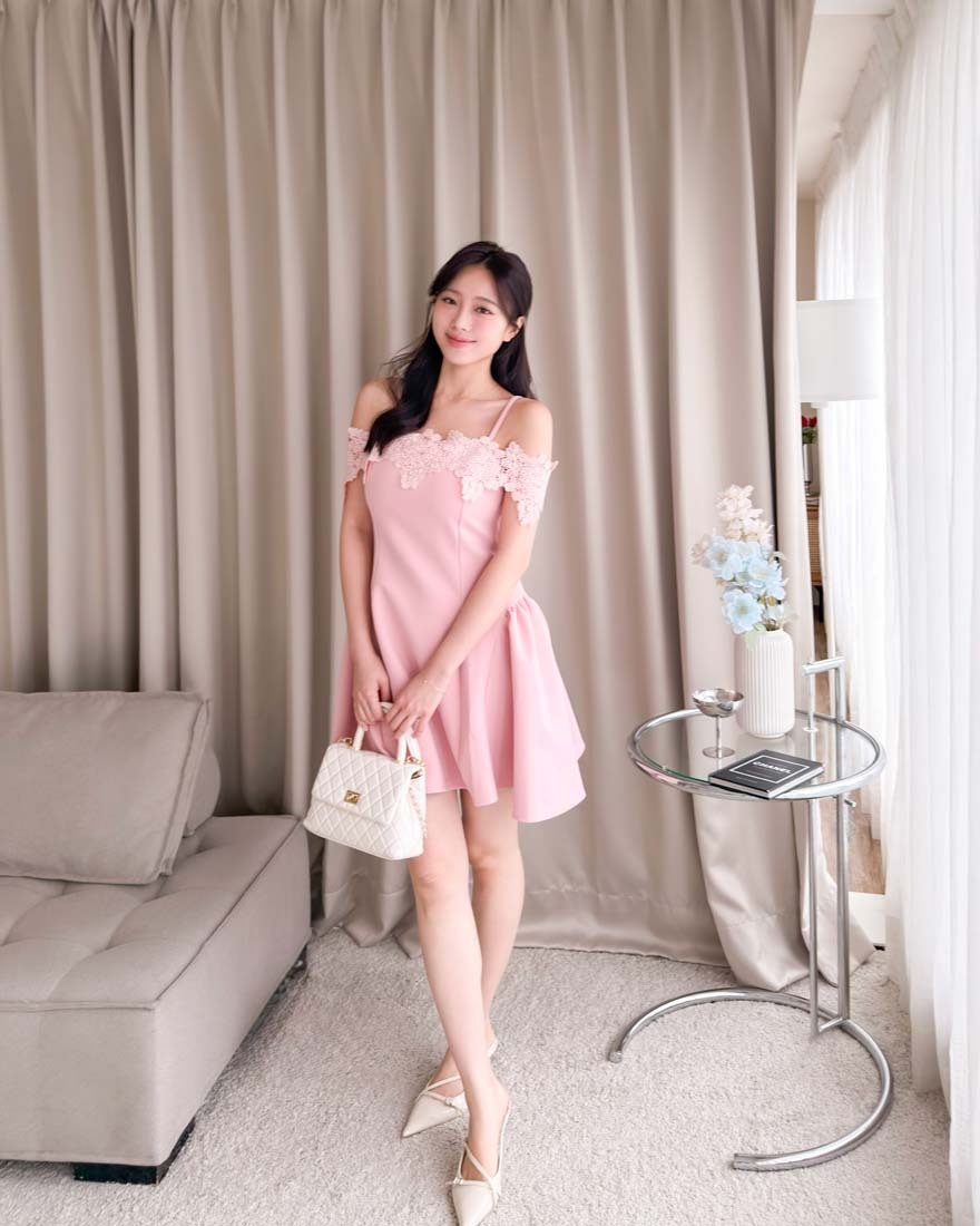 LINA LINA名媛午宴立體雕花蕾絲壓摺洋裝-甜美粉M/L